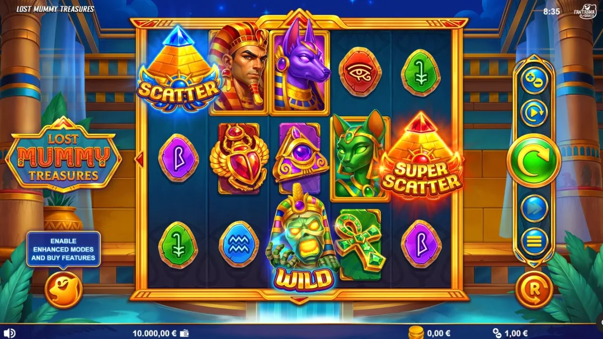Tampilan visual slot Lost Mummy Treasures dengan simbol dewa Mesir dan tumpukan misteri emas.