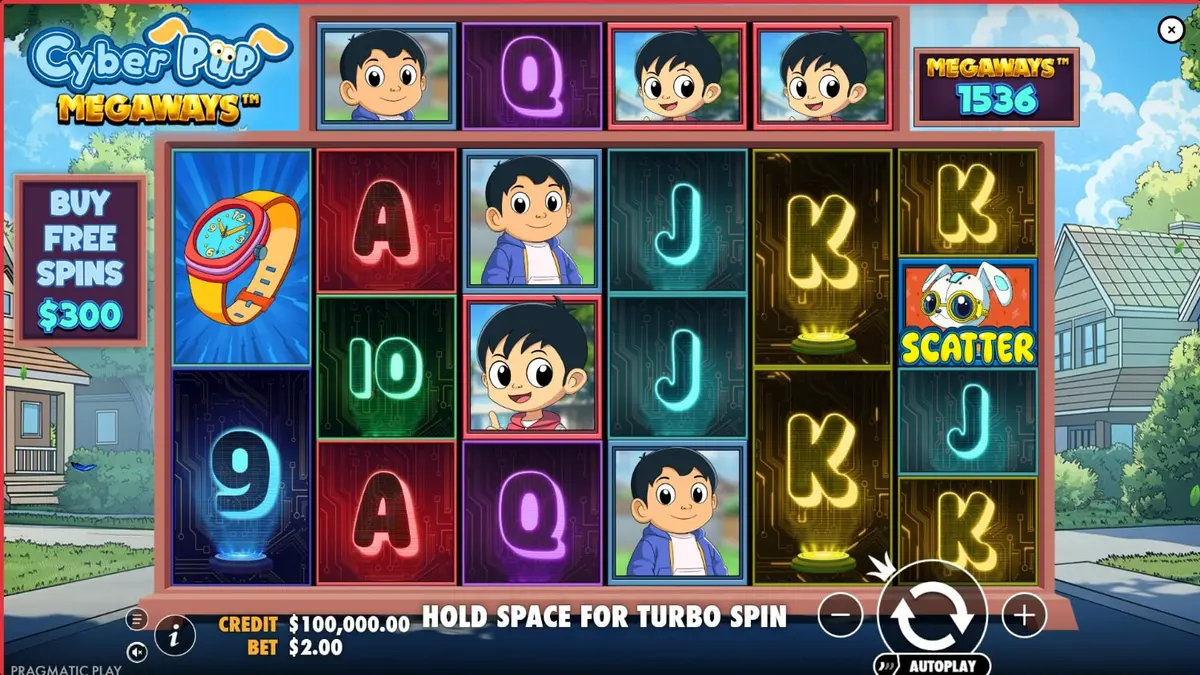 Cyber Pup Megaways slot machine screen showing futuristic anime characters and neon suburban theme