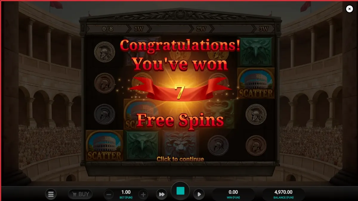 Tampilan visual slot Arena of Fortune dengan tema gladiator dan Colosseum